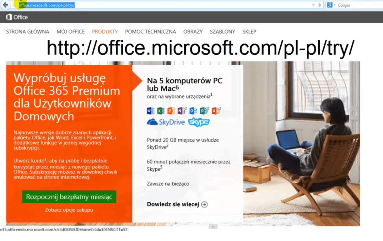 Strona do pobrania darmowej wersji Pakietu Microsoft Office na 30 dni