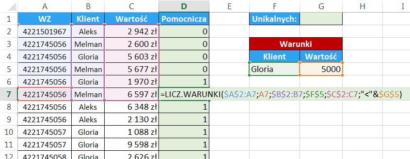 Excel - Jak obliczyć unikalną ilość elementów pod warunkiem - kolumna pomocnicza 04