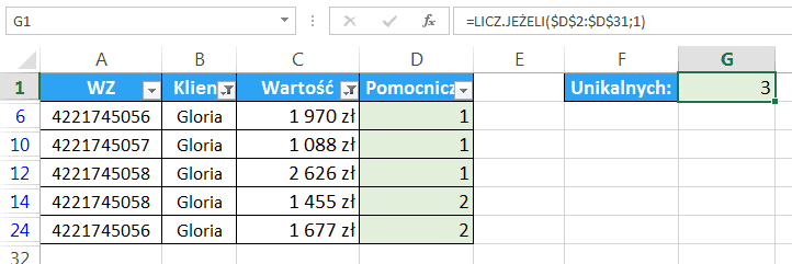 Excel - Jak obliczyć unikalną ilość elementów pod warunkiem - kolumna pomocnicza 06